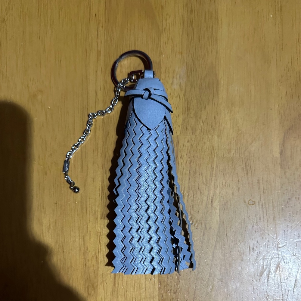 EUC, Coach bag charm/key ring, blue leather, silver chain/ring